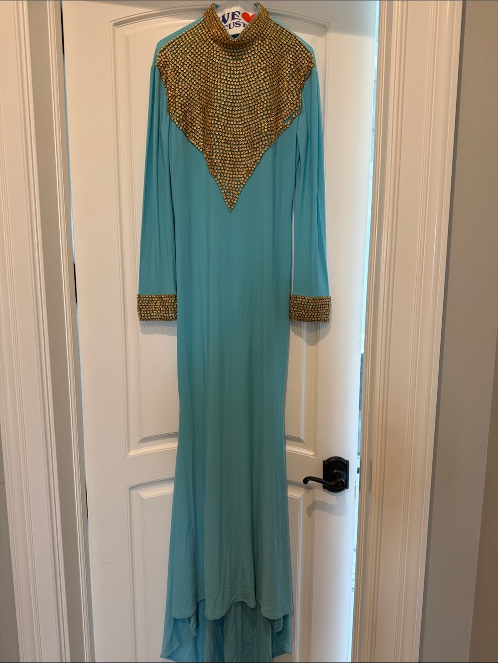 Turquoise Long Sleeve Maxi Dress with Gold Beaded Bib